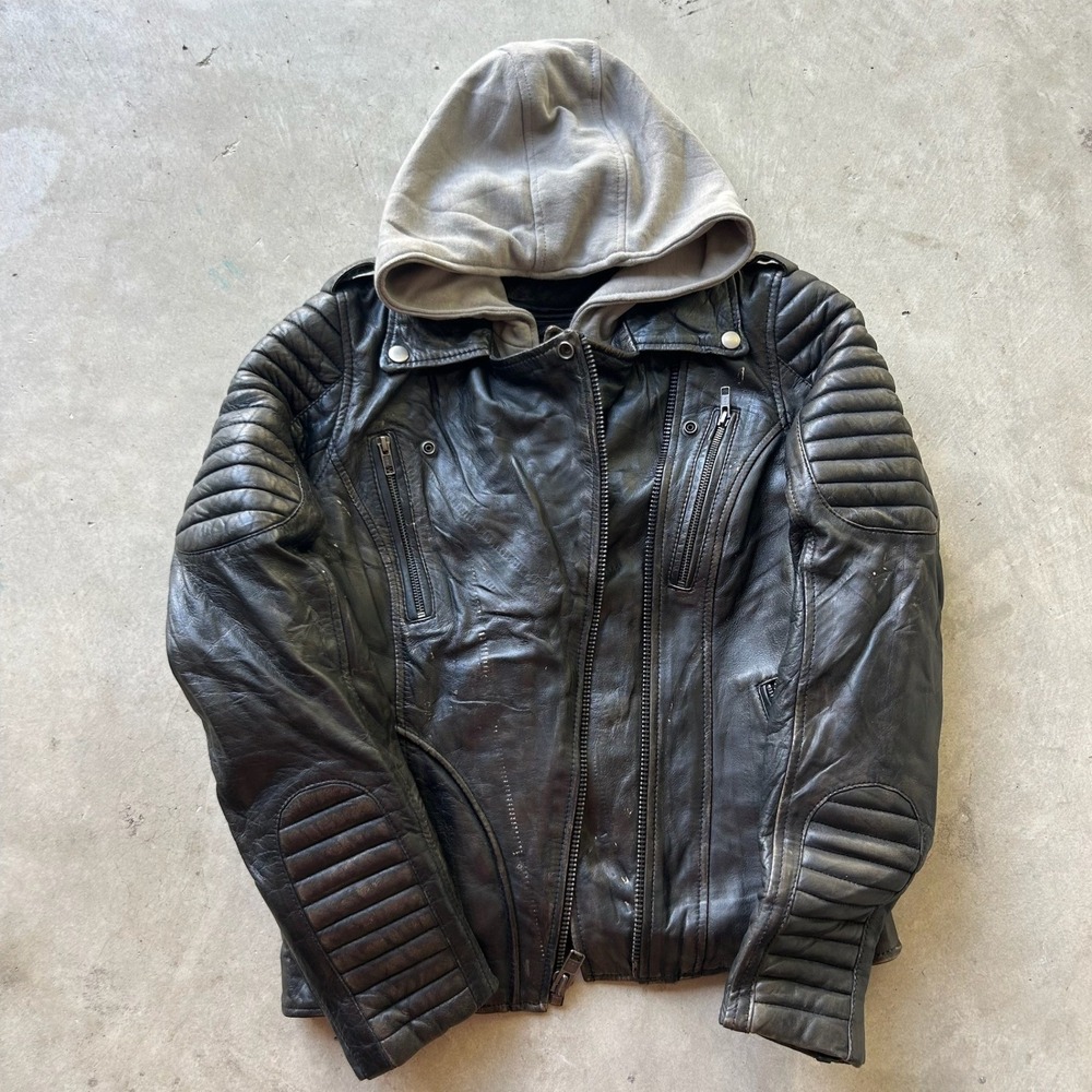 First Classics Mens Black Leather Motorcycle Jacket Hooded Moto Biker Size M